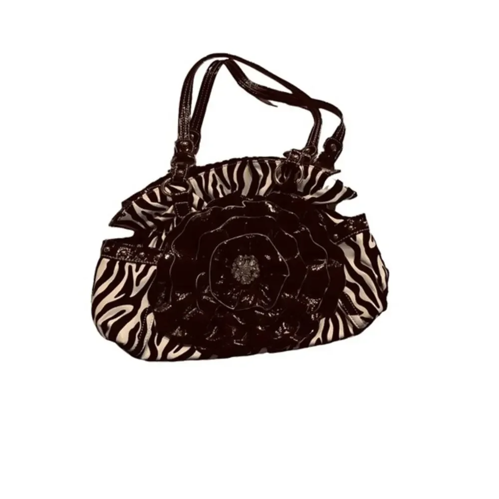 Zebra print big flower floral  rhinestone handbag‎ shoulder bag large - Picture 7 of 10